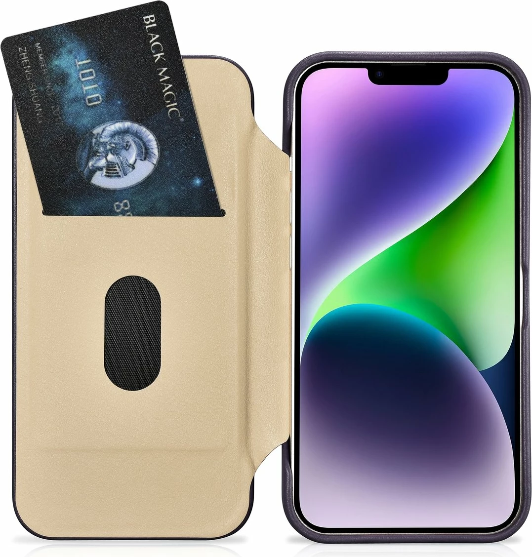 Mbështjellës iCarer CE Premium lëkurë, për iPhone 14 Plus, MagSafe, vjollcë e errët