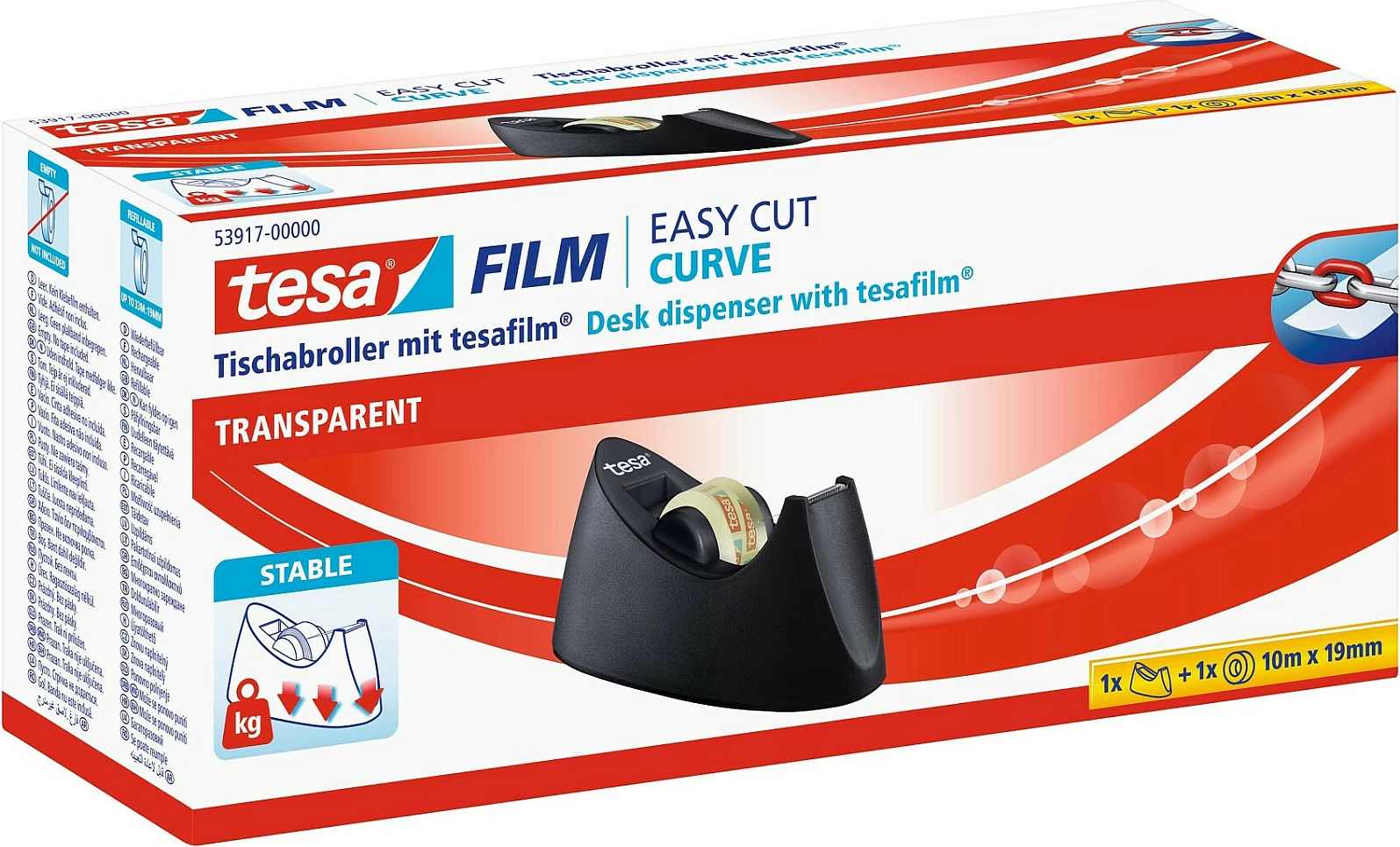 Dispenser për shirit ngjitës Tesa Easy Cut CURVE 53917-00000-01, 19 mm x 10 m, i zi/transparent