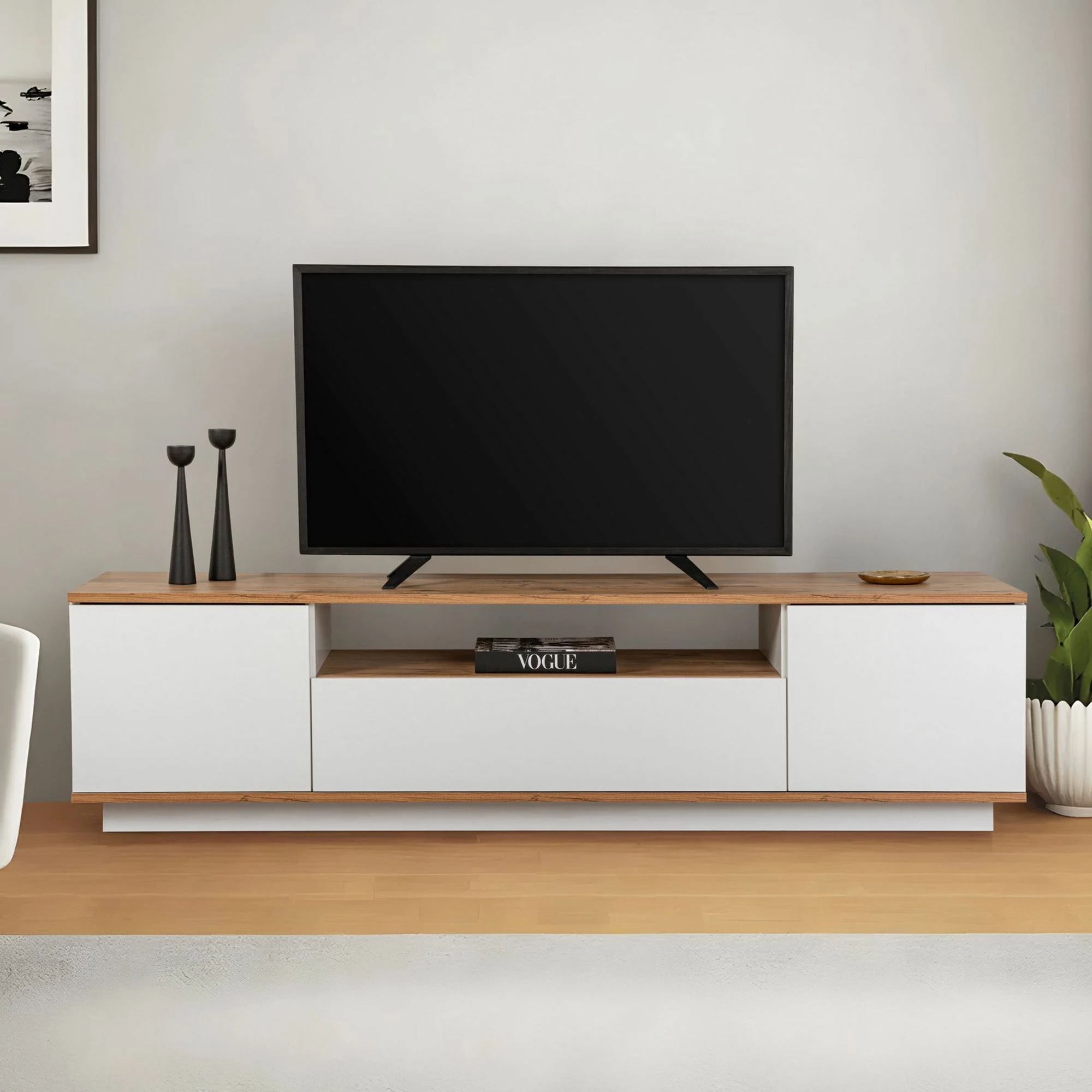 Komodë TV Skye Decor, ngjyrë e bardhë dhe pishë Atlantic, Veramont