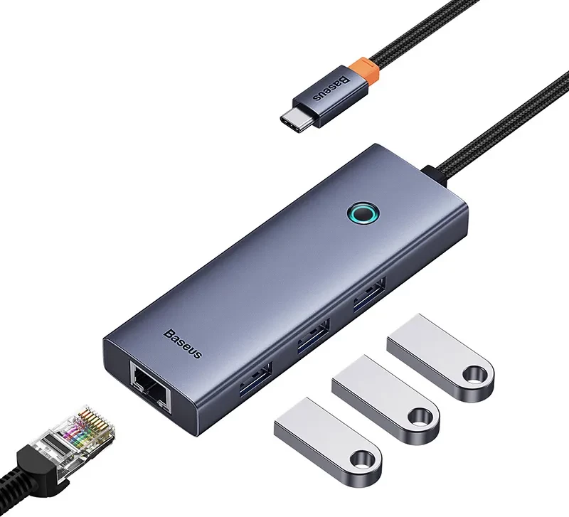Kasë USB-C Baseus UltraJoy, 4 porte (3x USB 3.0 + RJ45), Gri