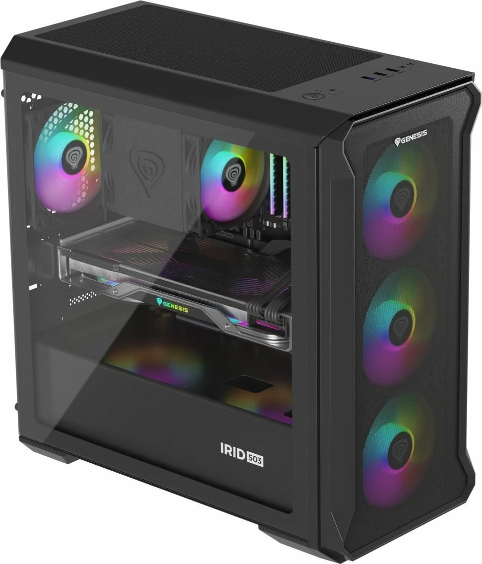 Kasë GENESIS Irid 503 ARGB V2 NPC-1559 Micro Tower, Micro-ATX/Mini-ITX, x4 ventilatorë ARGB 120mm, e zezë