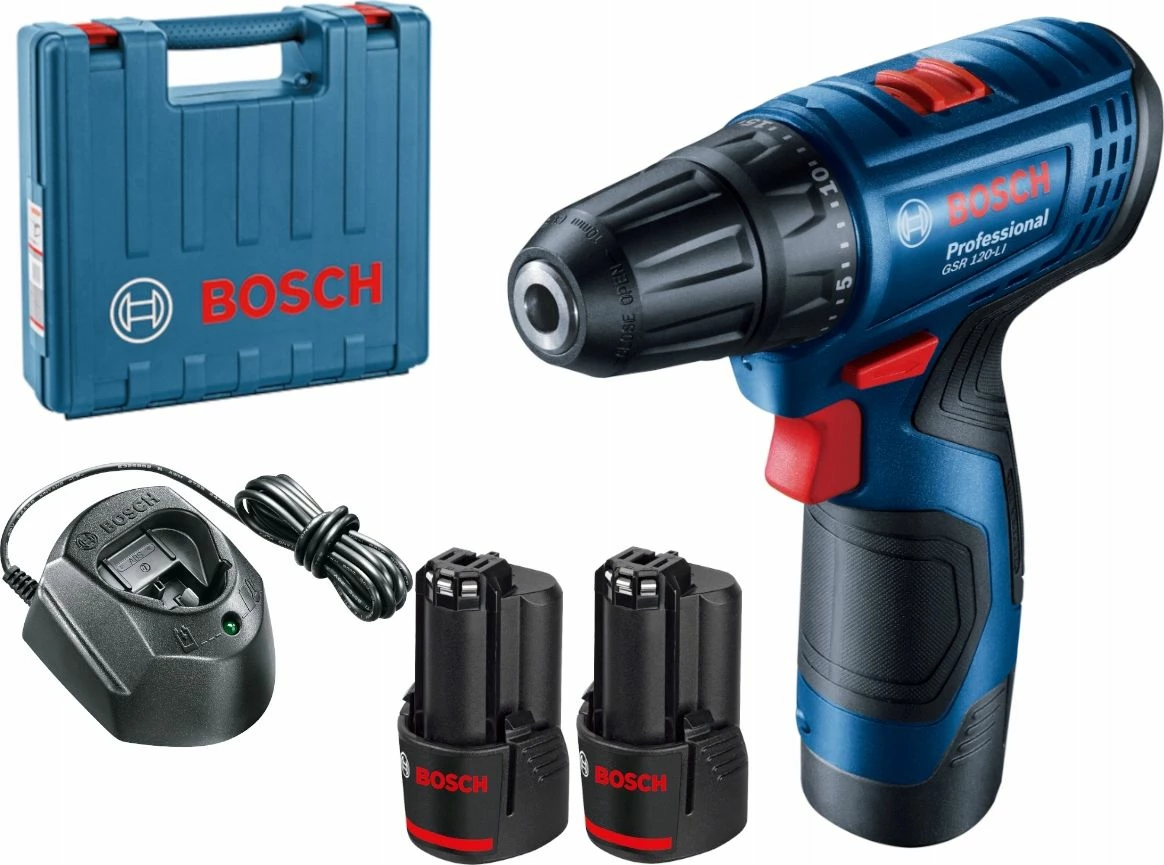 Trapan/vidalë me bateri Bosch GSR 120-LI 12 V, 2x 2 Ah, 30 Nm, mandrinë 10 mm, set me karikues + valixhe (06019G8000), blu