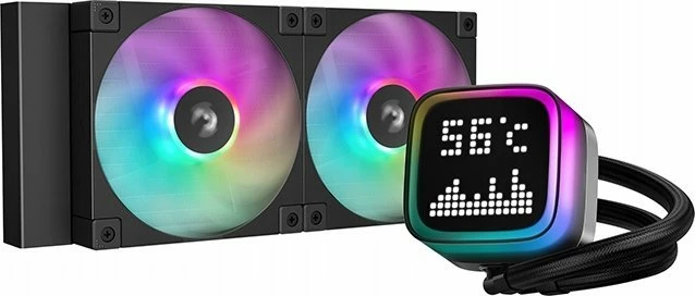Ftohës me ujë AIO Deepcool LP240 (R-LP240-BKMSNC-G-1), radiator 240 mm, ARGB, ekran dot-matrix, i zi, set me 2 ventilatorë 120 mm