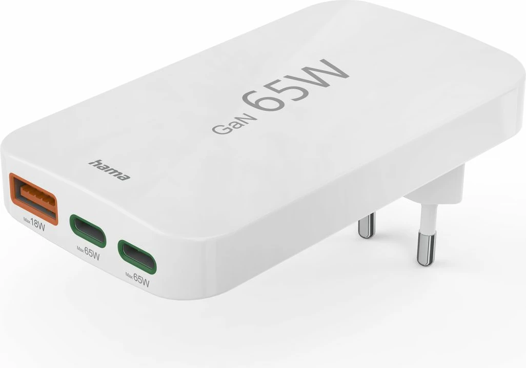 Karikues muri Hama GaN 65W, 2x USB-C, 1x USB-A, i bardhë, palosës