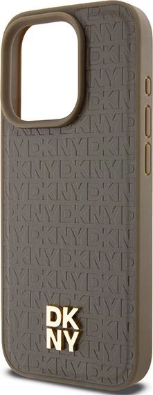 Mbështjellës DKNY Leather Pattern Metal Logo MagSafe për iPhone 14 Pro, kafe