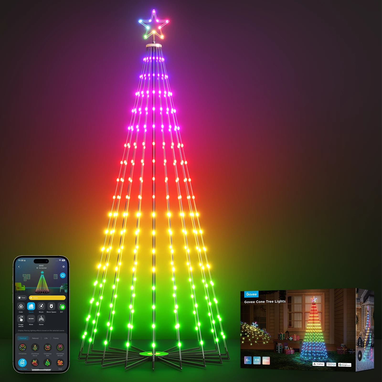 Drita dekorative smart Govee Cone Tree Lights RGBIC, IP65, 66 skena, me kontroll zanor, multicolor, set me 6 kunja