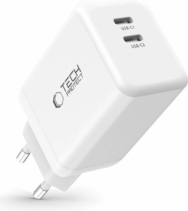 Karikues Tech-Protect NC45W-GAN me 2 porta USB-C, 45W, Bardhë