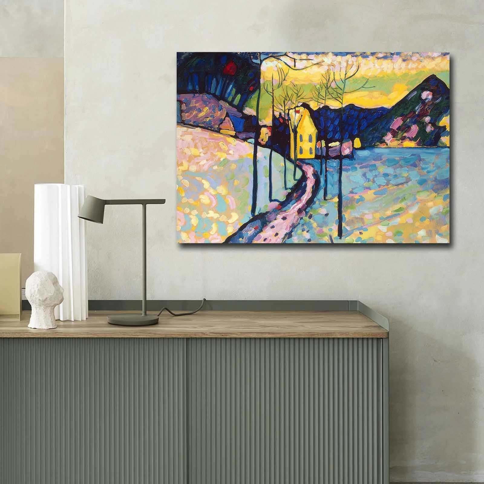 Pikturë dekorative në kanavacë, peizazh dimri Kandinsky, shumëngjyrëshe, 70x100cm