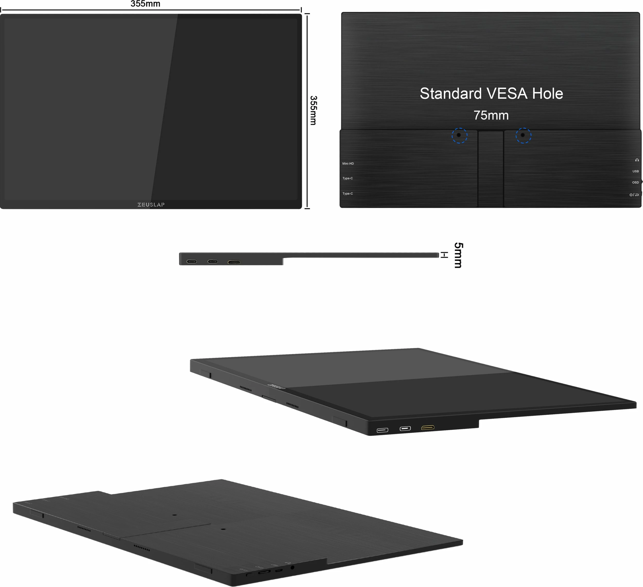 Monitor portativ me prekje Zeuslap P16ST 16\" IPS 2560x1600 144Hz USB-C/mini HDMI, i zi