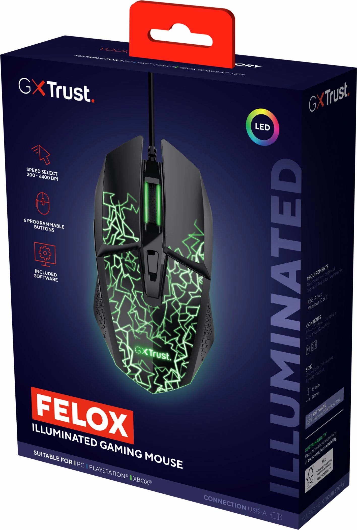 Maus gaming Trust GXT 113 Felox, për dorën e djathtë, USB-A, optik, 6400 DPI