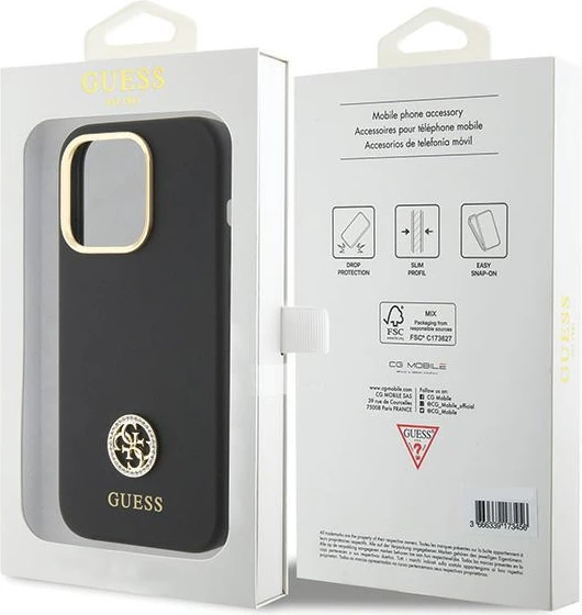 Mbështjellës Guess Silicone Logo Strass 4G për iPhone 15 Pro, i zi