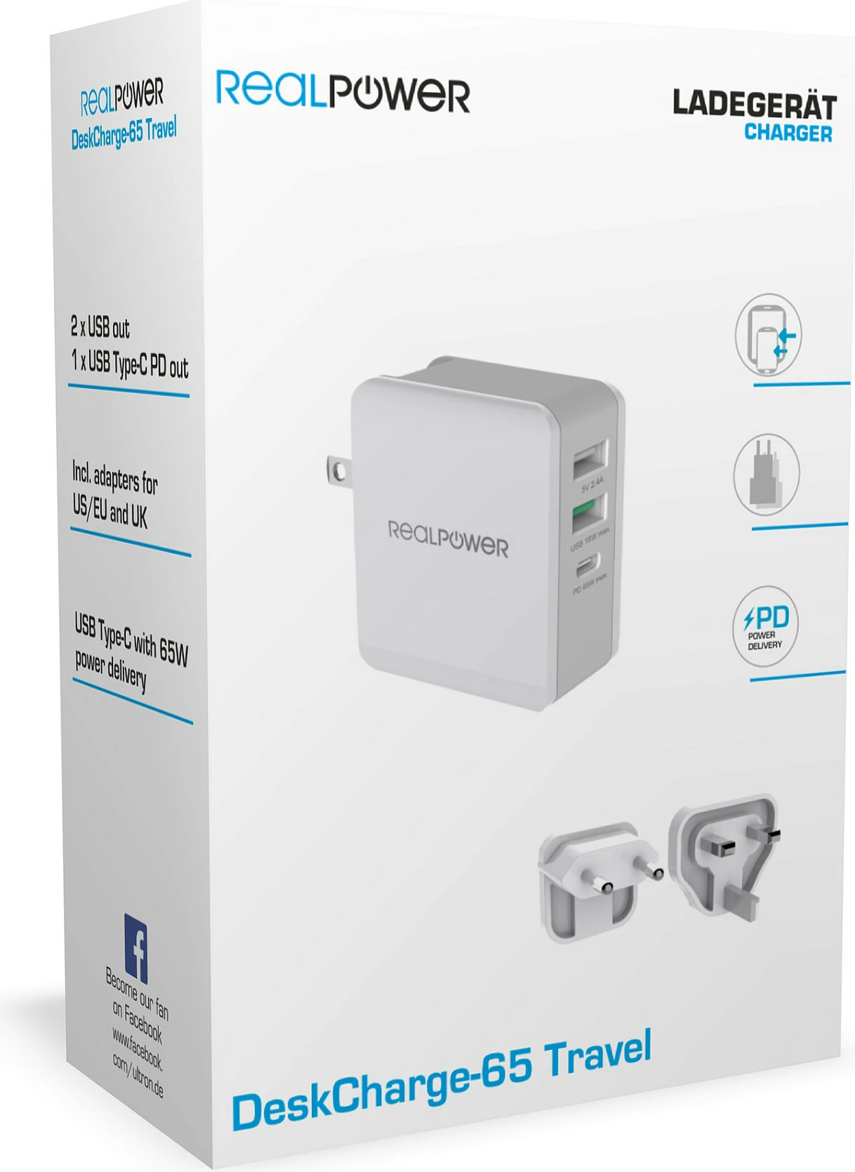 Karikues muri RealPower DeskCharge-65 Travel, 65W, USB-C PD + 2x USB-A, gri