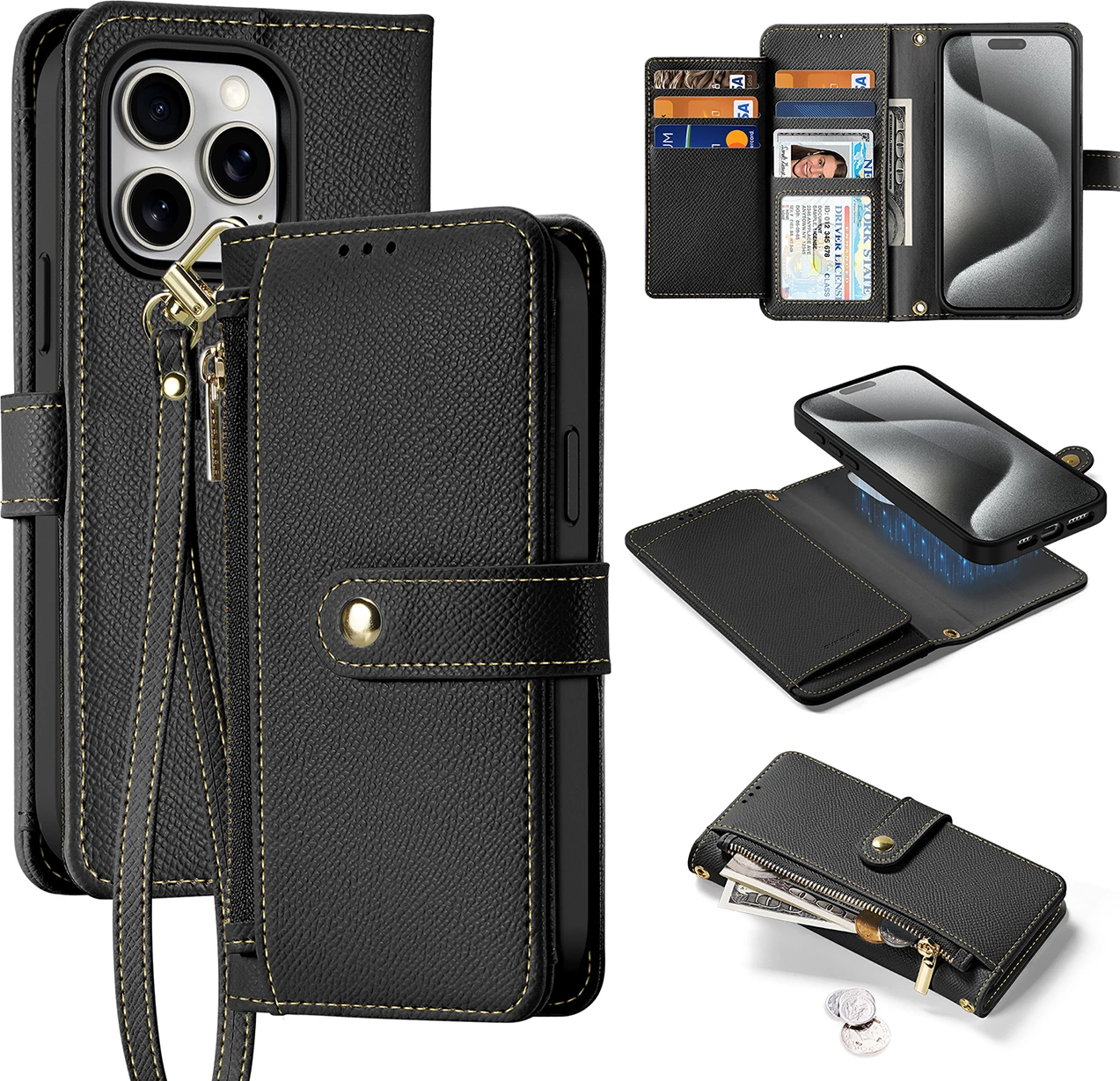 Mbështjellës Dux Ducis Lawa për iPhone 15 Pro Max, lëkurë, me portofol magnetik, i zi