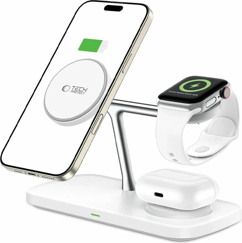 Karikues wireless 3-në-1 Tech-Protect QI15W-A45 me MagSafe, për Apple, Bardhë