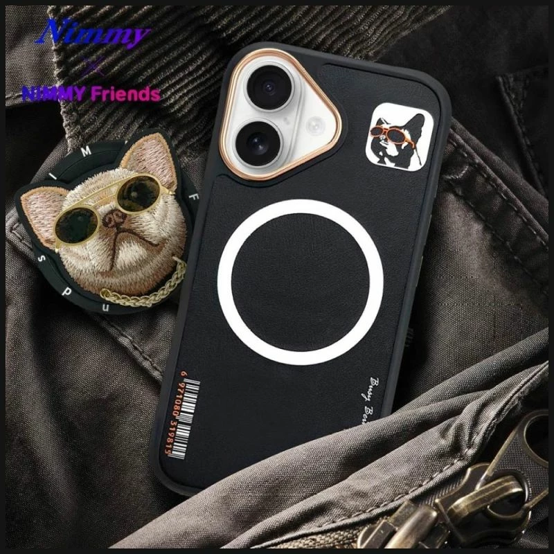 Kapak telefoni Nimmy Glasses Cool Dog MagSafe për iPhone 16, i zi