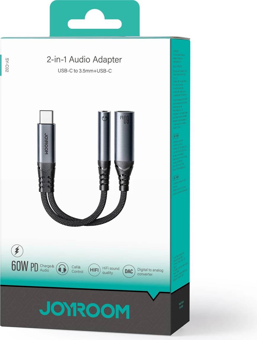 Adapter 2-në-1 Joyroom SY-C02, USB-C në USB-C/3.5mm mini jack, i zi