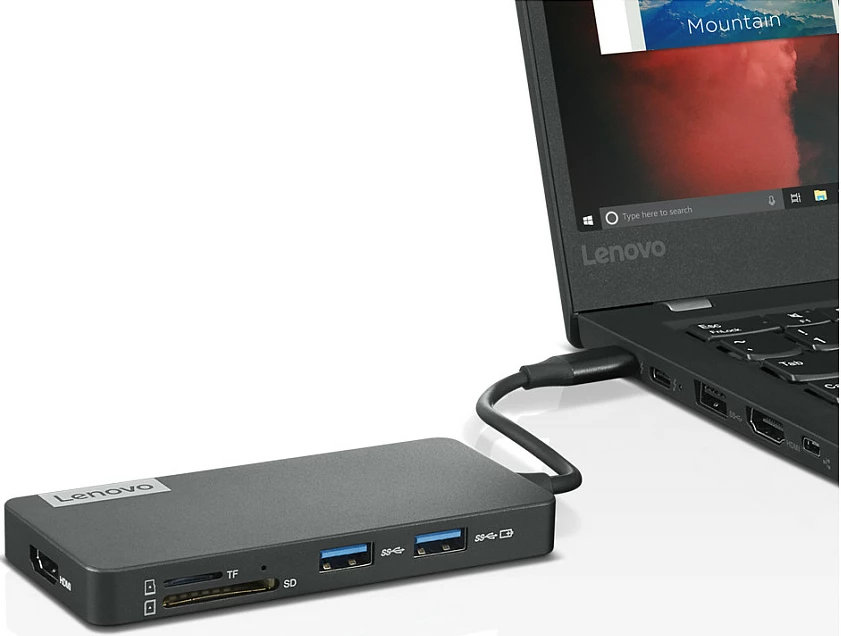 USB-C hub Lenovo 7-in-1 Travel Hub, HDMI 1.4, 2x USB-A 3.2, USB-A 2.0, USB-C, SD/microSD, gri