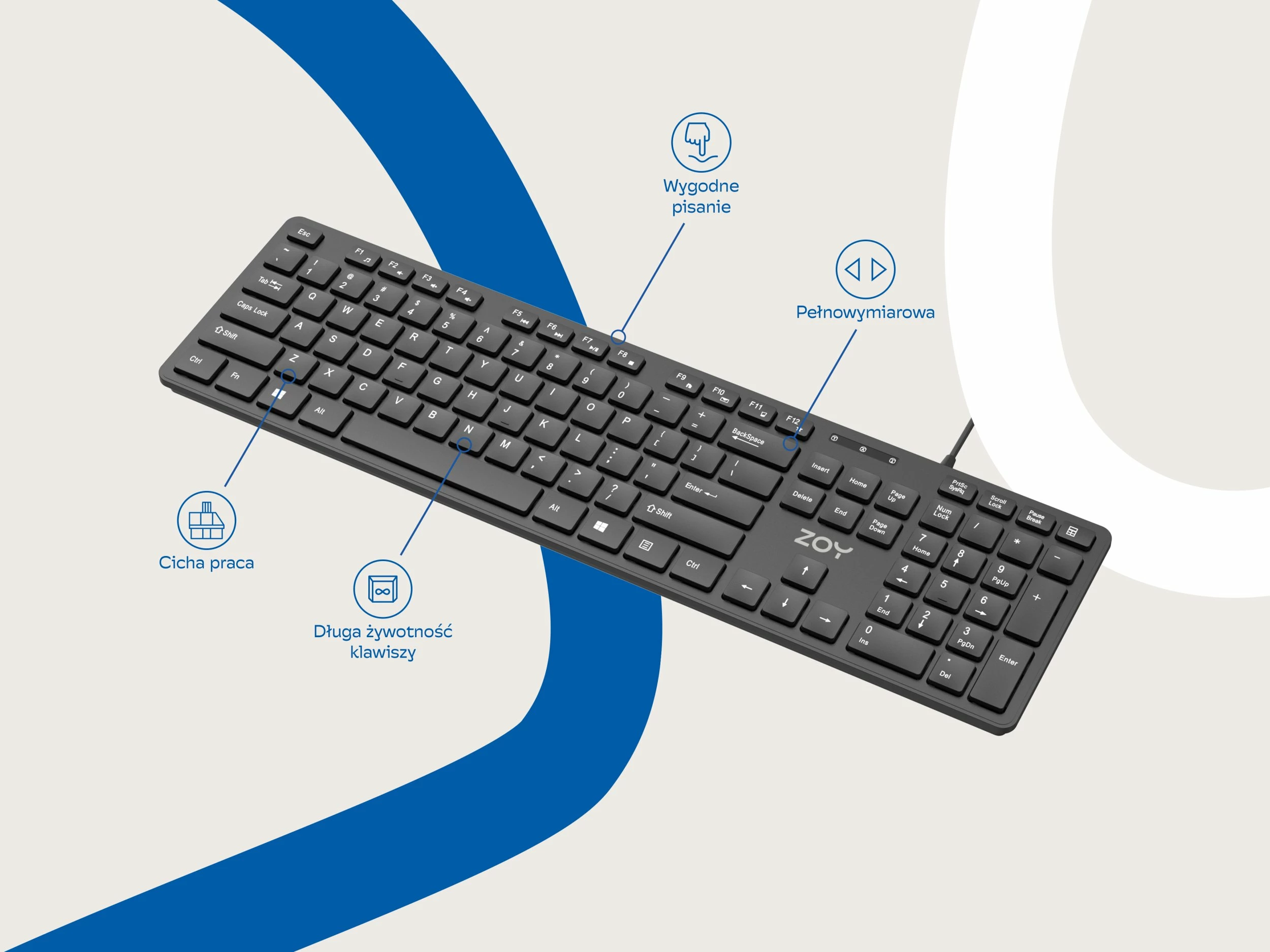 Klaviaturë ZOY ZKB800, USB me kabllo 1.4 m, layout US, 106 taste, membranë e qetë, e zezë