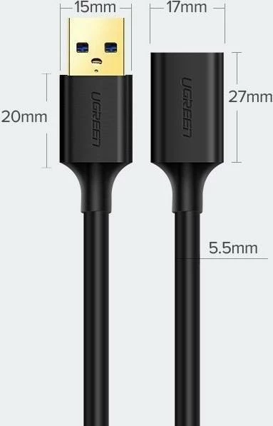 Kabllo zgjatëse USB-A Ugreen US129 USB 3.0 1.5 m Male-Female, e zezë