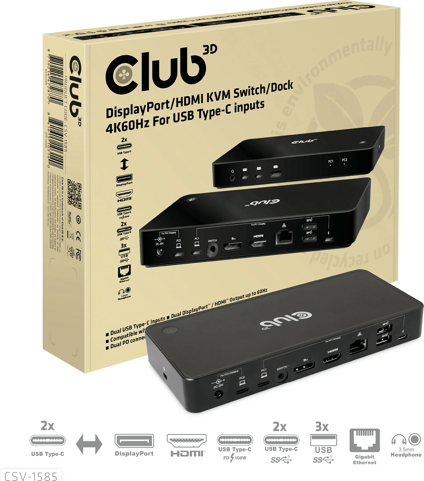 Switch KVM Club3D CSV-1585, 2x USB-C, 4K60Hz, HDMI, DisplayPort, i zi