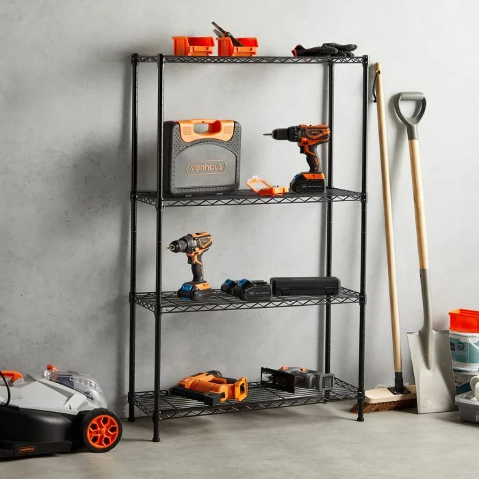 Raft metalik me tela VONHAUS 3500254, 4-katësh, 100 kg/raft, lartësi e rregullueshme, këmbë të rregullueshme, i zi