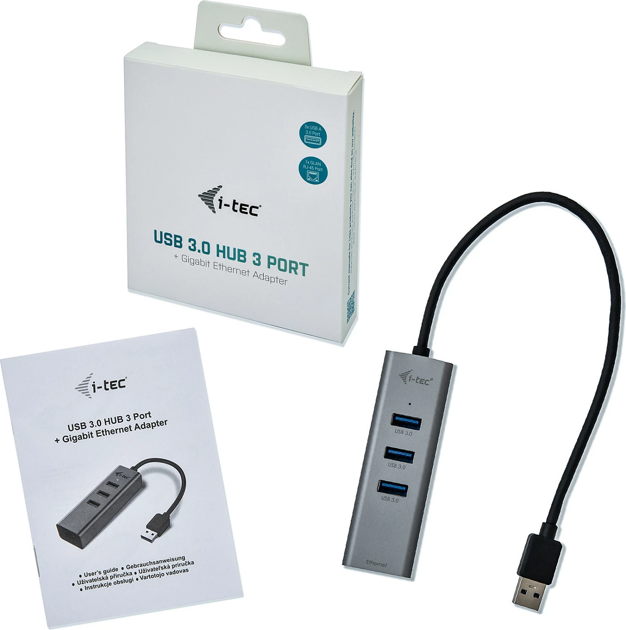 USB HUB i-tec Metal, 3x USB 3.0 + Gigabit Ethernet (RJ-45), USB-A, gri