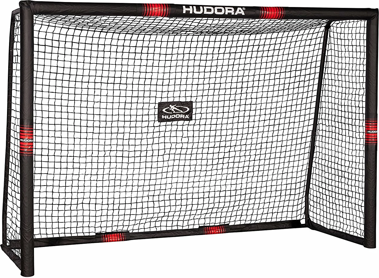 Portë futbolli Hudora Pro Tect 240, 240x160x85 cm, me mbrojtje shkumë EPE, rrjetë poliester, 6 kunja ankore, e zezë