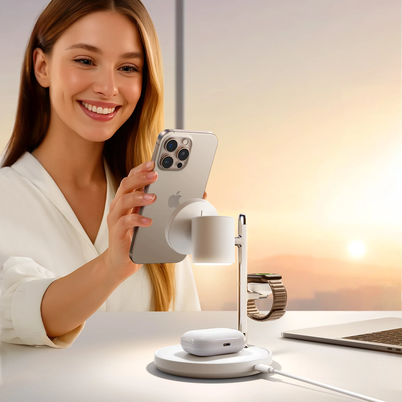 stacion karikimi wireless Joyroom JR-W23 Qi2 4-në-1, 15W, me dritë nate, i bardhë