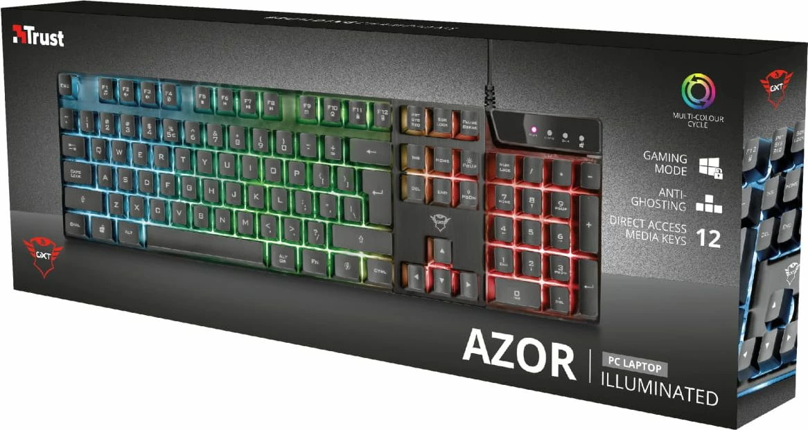 Tastierë gaming Trust GXT 835 Azor 23651, USB me kabllo, 100% US layout, LED multikolor, anti-ghosting, e zezë