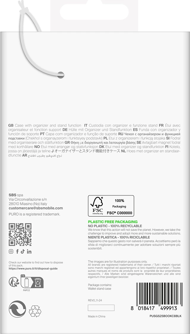 Mbështjellës Puro Booklet Case me kapak dhe portofol për Samsung Galaxy S25+, i zi