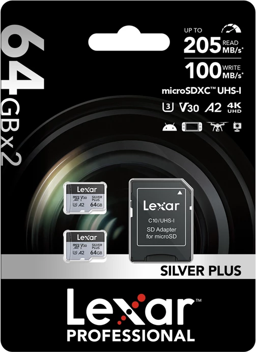 Kartelë memorje microSDXC Lexar Silver Plus LMSSIPL064G-B2ANG 2x64GB UHS-I A2 V30, set 2 copë + adapter SD