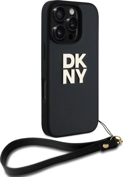 Mbështjellës DKNY Wrist Strap Stock Logo për iPhone 16 Pro, i zi