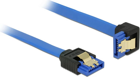 Kabllo SATA III DeLOCK, 10 cm, 6 Gbit/s, 7-pin, drejt në njërën anë dhe këndore poshtë në tjetrën, blu/zi