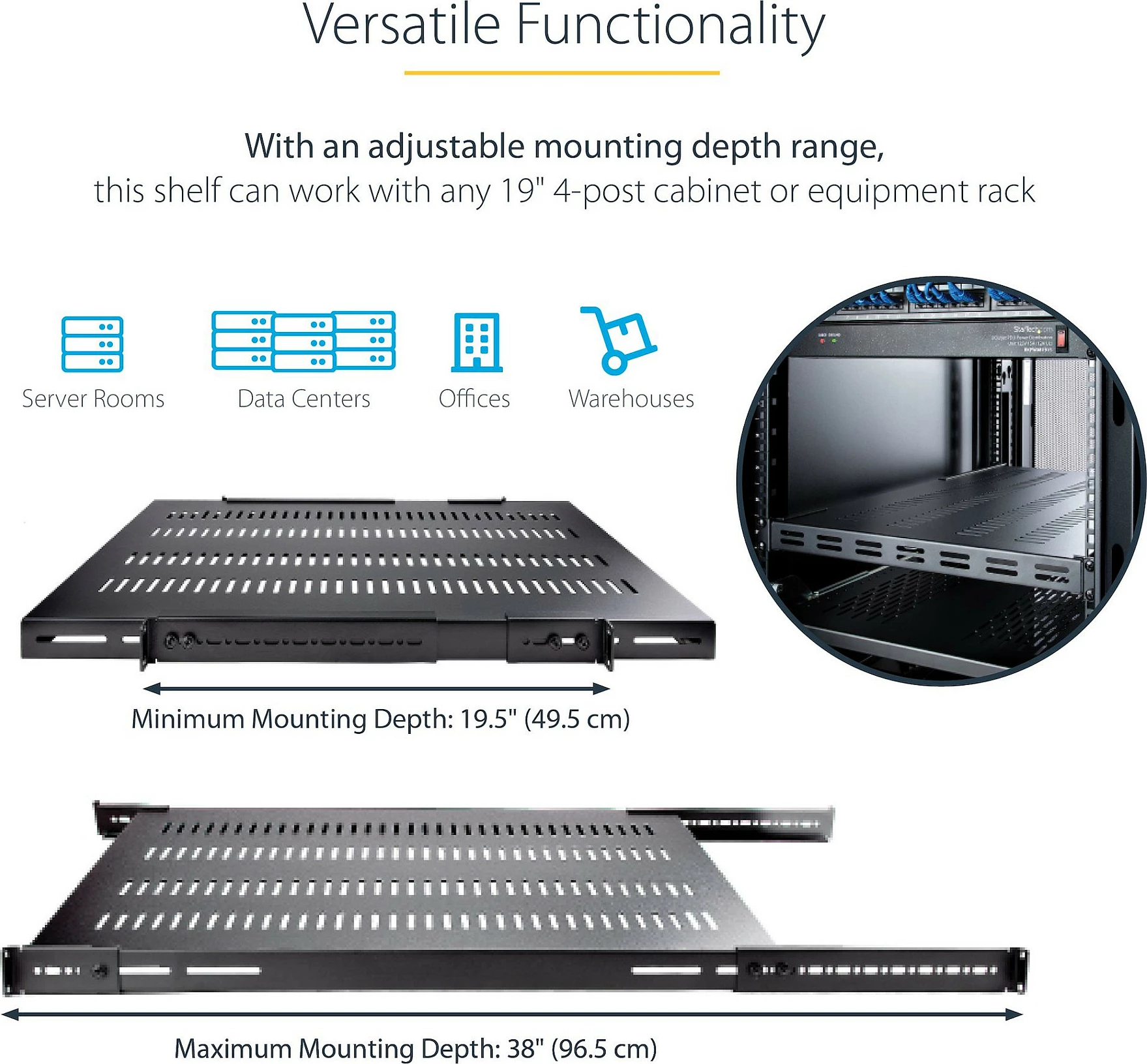 Raft i rregullueshëm për rack serveri StarTech ADJSHELFHDV, 1U, 4-post, i ventiluar, 150 kg, 49.5-97.4 cm, i zi
