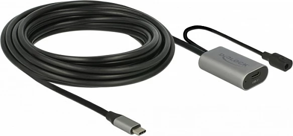Kabllo zgjatëse USB-C DeLOCK 85392, 5 m, USB 3.2 Gen 1, me furnizim DC, zi/gri