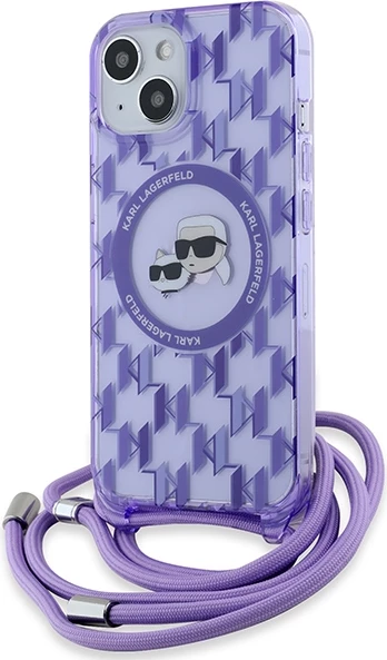 Mbështjellës Karl Lagerfeld IML Crossbody Monogram Karl & Choupette Head MagSafe për iPhone 15/14/13, vjollcë