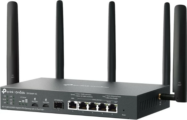 Gateway rrjeti TP-LINK ER706WP-4G Omada, AX3000, 4G+ Cat6, 4 porte PoE+, e zezë