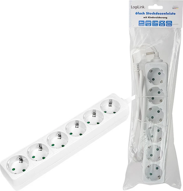 Zgjatues rryme LogiLink LPS238, 6 priza, 1.5 m, me switch, 3500 W, e bardhë