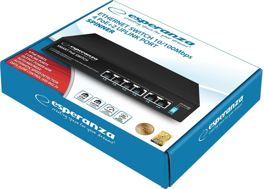 Switch Esperanza ENS105, 6 porta, PoE, 10/100, 60W, Zi