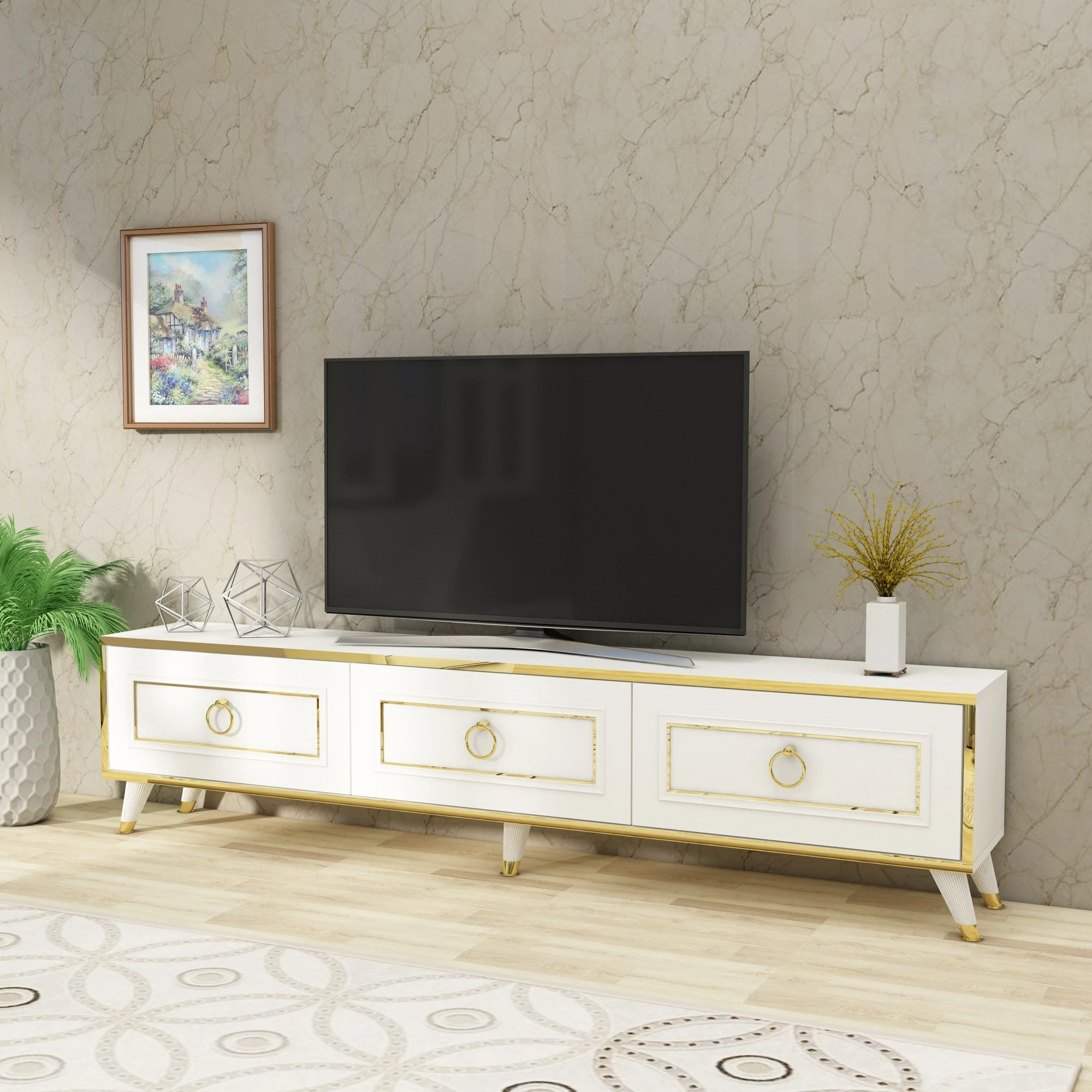 Komodë TV Hanah Home, Sona, e bardhë me të artë