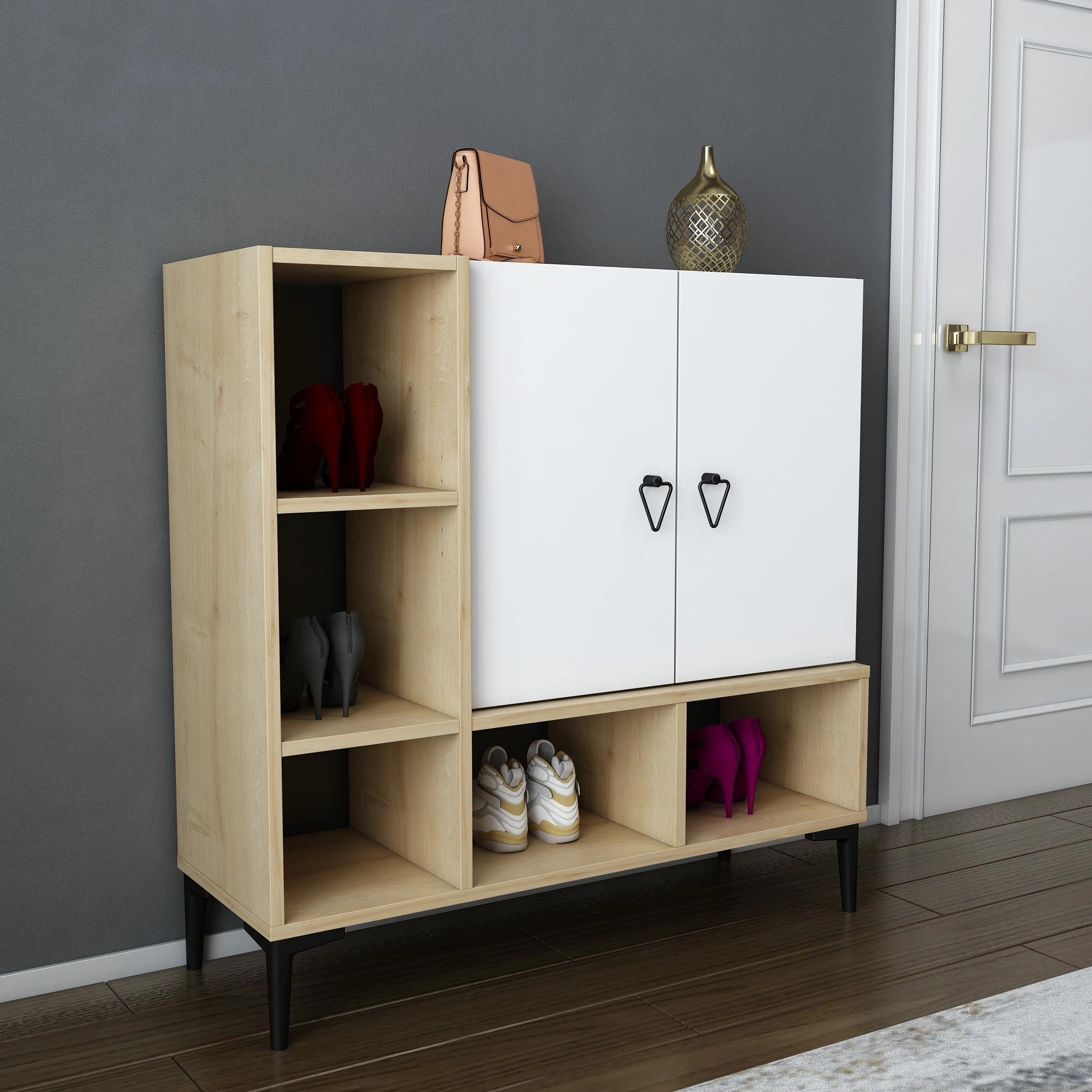 Konsolë moderne Skye Decor, ngjyrë lis dhe e bardhë