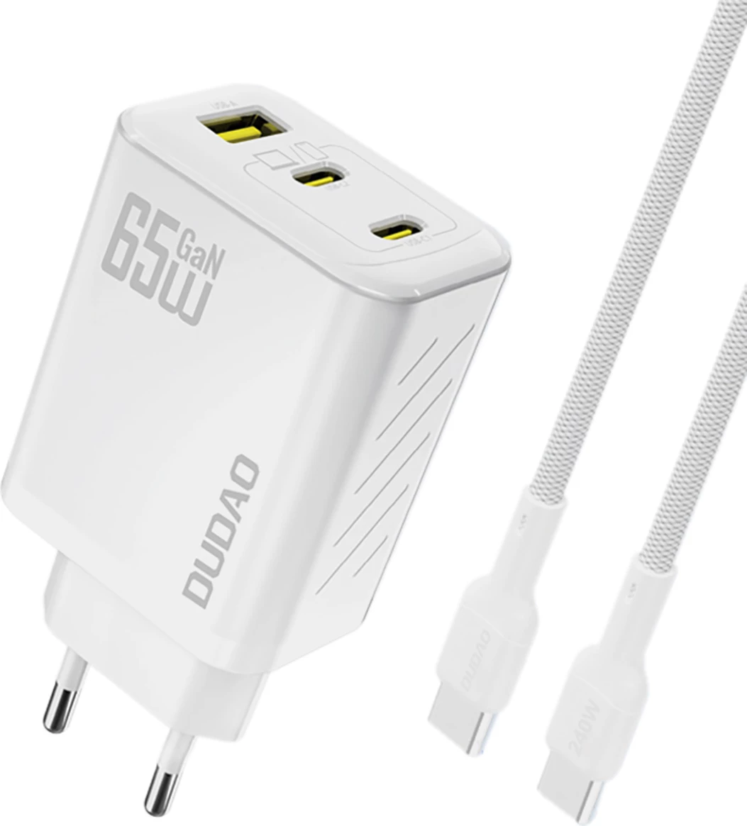Karikues muri Dudao A29C, 65W, GaN, 3 porta (2x USB-C, 1x USB-A), me kabllo USB-C, Bardhë