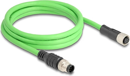 Kabllo M12 DeLOCK A-koduar 8-pin, mashkull në femër, 2 m, PUR/TPU, e gjelbër