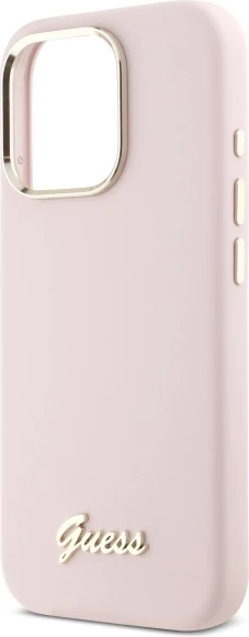 Mbështjellës Guess Silicone Script Metal Logo & Frame për iPhone 16 Pro Max, Rozë