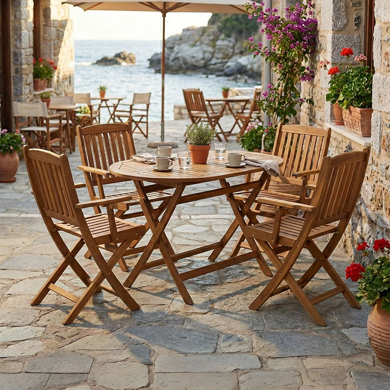 Tavolinë me karrige Recofly-Falov, dru akacie natyrale, set prej 5 copësh, 130x80x72cm