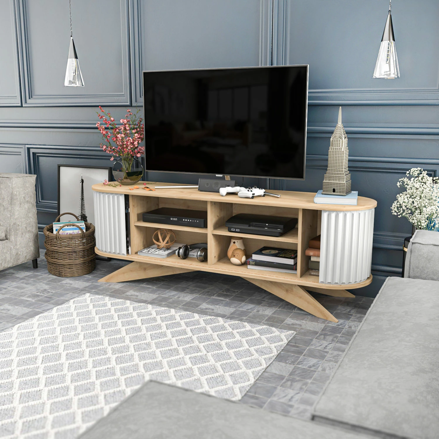Komodë TV Hanah Home, ngjyrë safir dhe e bardhë, Stor