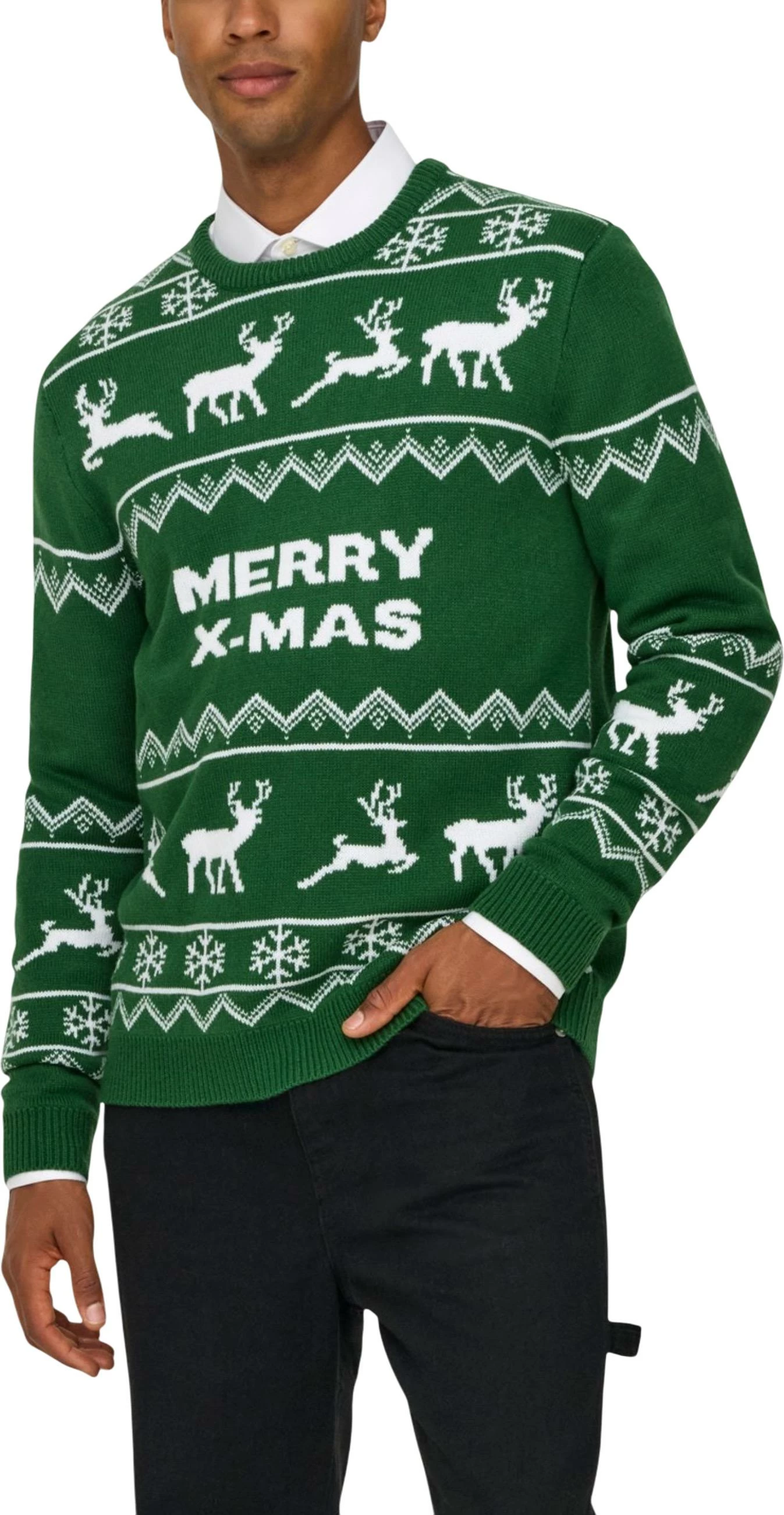Xhemper për meshkuj Only & Sons ONSXMAS REG 5 ALLOVER CREW KNIT 22031171, i gjelbër