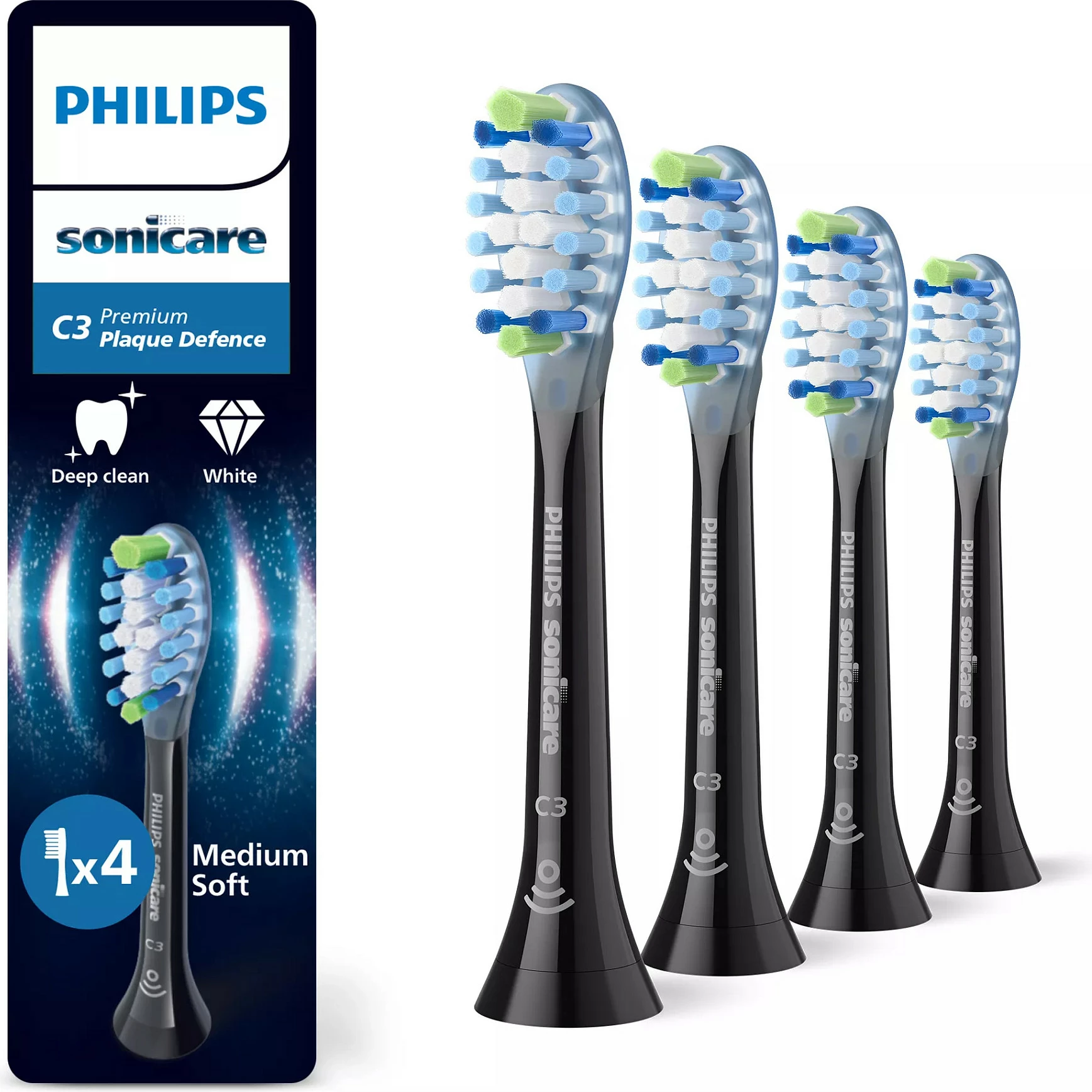 Koka zëvendësuese për furçë dhëmbësh elektrike Philips Sonicare C3 Premium Plaque HX9044/88, 4 copë, e zezë