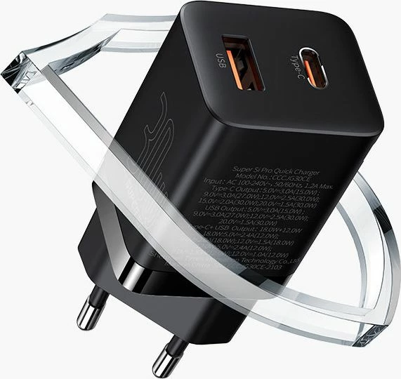 Karikues rrjeti Baseus Super Si Pro CCSUPP-E02 30W PD/QC, 1x USB-A + 1x USB-C, 3A, i bardhë