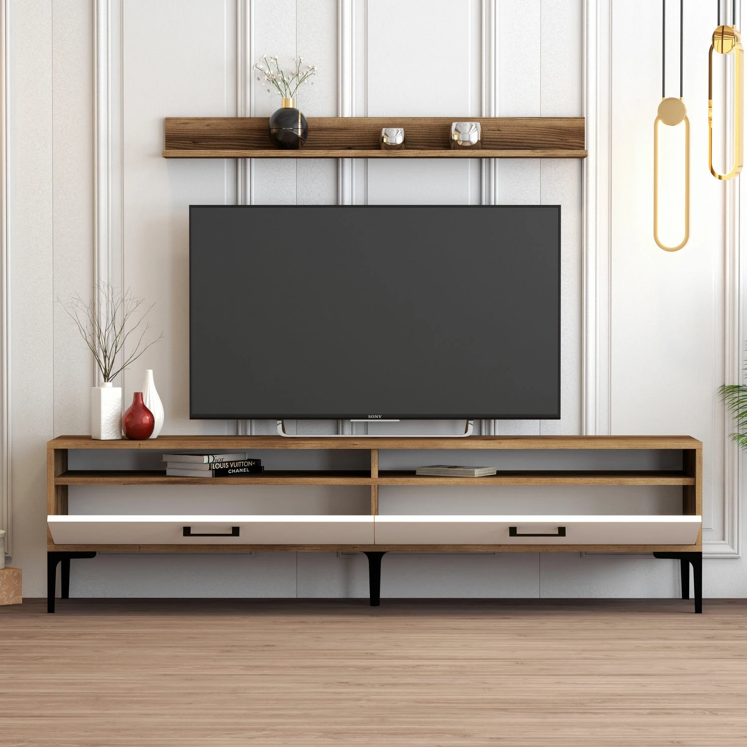 Komodë TV Skye Decor, Istanbul, ngjyrë arre dhe e bardhë